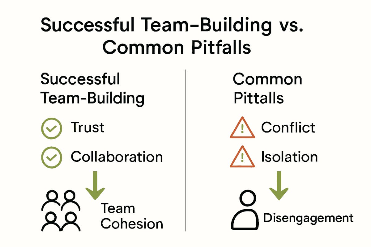 Infographic contrasting effective team-building elements with common mistakes using icons and bullet lists.
